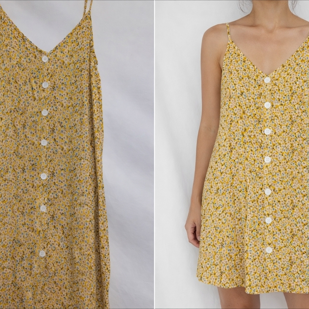 SHEIN Yellow Floral Button-Down Sundress - Size XS - Summer Mini Dress